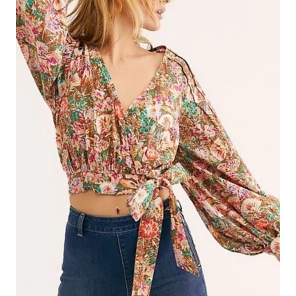 Free People Botanical Tie-Front Wrap Crop Top in Pink, Green, Tan